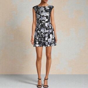 B. Smart Floral Black Metallic Silver Fit & Flare Mini Cocktail Dress Size 15
